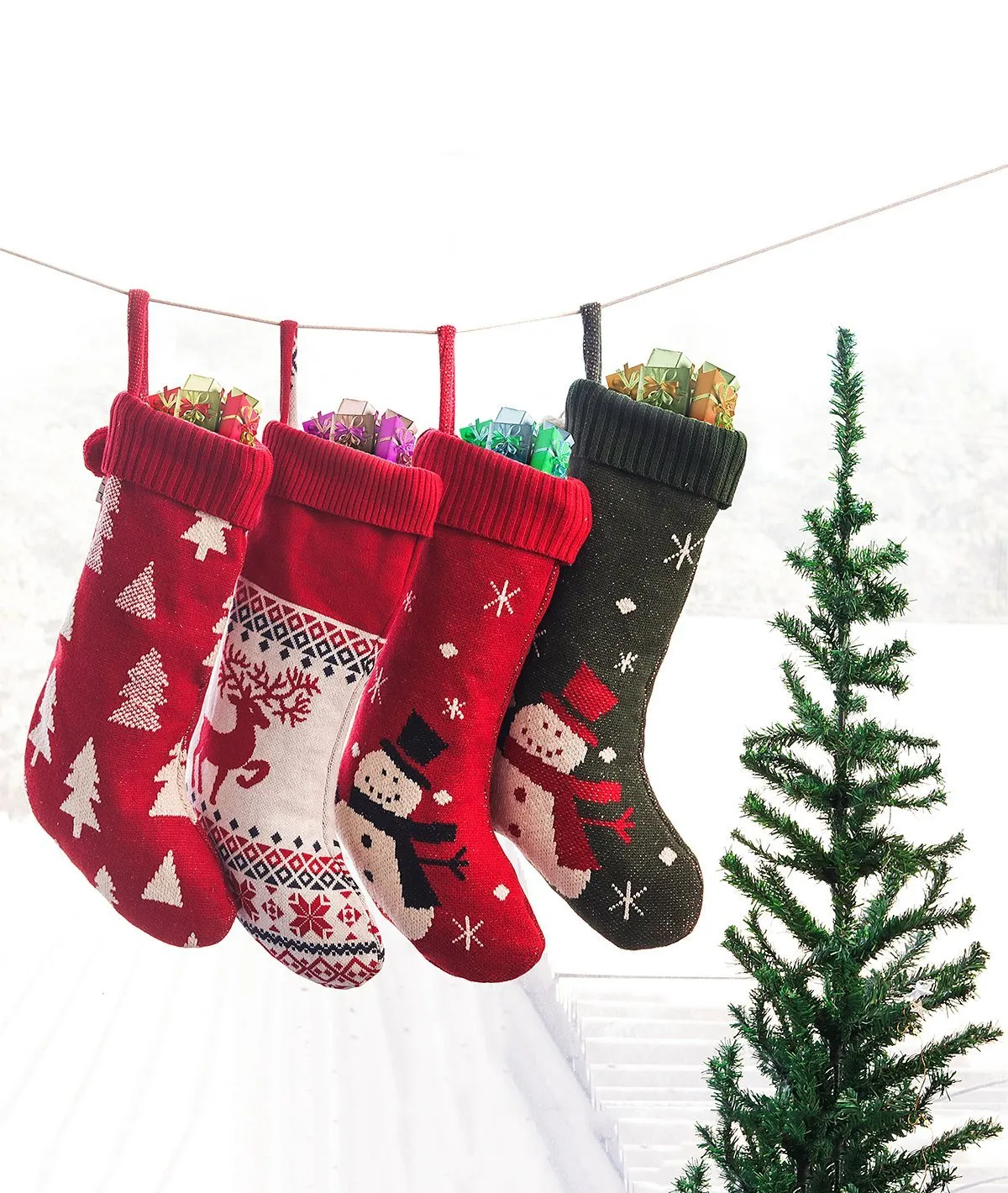 X-mas Tree - Red & Natural Color Cotton Knitted Christmas Decorative Stocking